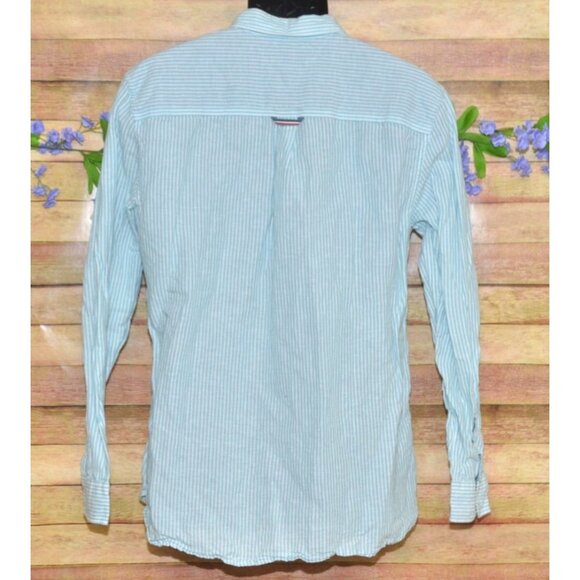 Tommy Hilfiger Mens Blue Linen Blend Striped Button Up Long Sleeve Shirt Size XL - Picture 5 of 9